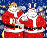 anthro belly blush bottomwear christmas_clothing christmas_headwear clothing duo fur hat headgear headwear holidays humanoid_hands male night outside overweight overweight_male pants santa_hat snow white_body white_fur bullbluedog christmas canid canine canis domestic_dog lagomorph leporid mammal rabbit 2018 hi_res