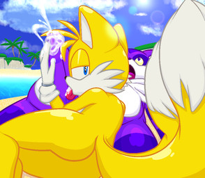 anthro balls beach belly big_belly blue_eyes bodily_fluids butt clothing cloud cum cum_in_mouth cum_inside cumshot duo ejaculation erection fur genital_fluids genitals gloves gloves_only half-closed_eyes hand_on_penis handwear handwear_only head_in_crotch heart_eyes heart_symbol licking licking_cum looking_at_viewer looking_back lying male male/male mostly_nude narrowed_eyes nude on_back on_side open_mouth oral orgasm orgasm_face outside overweight overweight_male palm_tree penile penis penis_lick plant purple_body purple_eyes purple_fur saliva sea seaside seductive sex sex_on_the_beach sun tongue tongue_out tree water yellow_body yellow_fur young young_anthro young_male junebug69 sega sonic_the_hedgehog_(series) big_the_cat miles_prower canid canine domestic_cat felid feline felis fox mammal 2017
