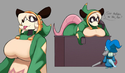 ambiguous_gender anthro apron bangs big_breasts big_butt big_tail black_ears black_nose blep breast_rest breast_squish breasts butt clothing cute_fangs dialogue dress duo ears_through_headwear fangs female furniture green_clothing green_dress green_hood hair huge_breasts no_pupils overweight overweight_anthro overweight_female pink_tail simple_background size_difference smile solo squish table tail tan_background teeth text thick_thighs tongue tongue_out white_hair wide_hips seb_valenz atlyss sally_(atlyss) american_opossum chang_(atlyss) kubold_(atlyss) mammal marsupial scalie 2026 absurd_res english_text hi_res