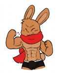abs anthro biceps big_head big_muscles black_nose boxer_briefs brown_body brown_fur bulge clothed clothing digital_media_(artwork) eyes_closed fist flexing front_view fur happy heart_symbol lagomorph leporid male mammal muscular muscular_anthro muscular_male oob open_mouth open_smile pecs rabbit scarf scut_tail short_tail simple_background skimpy smile solo tail toony topless underwear vein white_background
