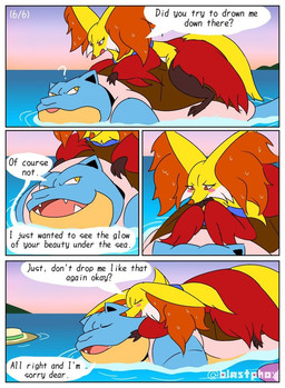 anthro blush blush_stickers clothing dialogue duo eyelashes eyes_closed female hat headgear headwear long_eyelashes male nude question_mark sea text tuft water blastphox nintendo pokemon blastoise delphox generation_1_pokemon generation_6_pokemon pokemon_(species) comic english_text