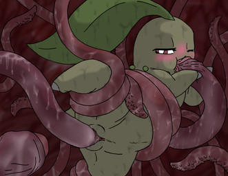 bdsm blush bodily_fluids bondage bound clitoris fellatio female feral foreskin genital_fluids genitals oral penetration penile penis restrained sex tentacles vaginal vaginal_fluids vulva jackerwobb nintendo pokemon chikorita generation_2_pokemon pokemon_(species)