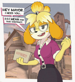 2fort anthro blushing_at_viewer female floppy_ears folder fur hair hair_bun looking_at_viewer lop_ears marker outside seducing_viewer solo speech_bubble stuttering talking_to_viewer yellow_body yellow_fur graciebellart animal_crossing nintendo team_fortress_2 valve isabelle_(animal_crossing) miss_pauling_(team_fortress_2) canid canine canis domestic_dog mammal