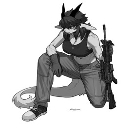 anthro biped bottomwear breasts clothed clothed_anthro clothed_female clothing female fingers footwear front_view fully_clothed fully_clothed_anthro fully_clothed_female fur gloves gun hair handwear horn navel pants ranged_weapon shoes simple_background solo tail topwear weapon pgm300 mythology chabett dragon mythological_creature mythological_scalie scalie 2026 digital_drawing_(artwork) digital_media_(artwork) hi_res