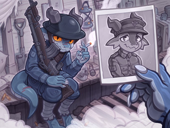 anthro armor blue_body broken_horn cigarette closed_smile clothing duo gun hat headgear headwear helmet holding_gun holding_object holding_ranged_weapon holding_weapon horn male male_anthro military military_uniform mouth_closed photo puttees ranged_weapon scar serious_face sitting smile soldier thousand_yard_stare trench trench_warfare uniform war warrior weapon yellow_eyes goobone kobold scalie 4:3 hi_res