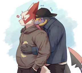 anthro anthrofied belly belly_grab blade claws clothing duo fur grin groping_from_behind hat headgear headwear hoodie male male/male slightly_chubby smile tail tail_blade topwear weapon_tail white_body white_fur saususouth nintendo pokemon generation_3_pokemon pokemon_(species) seviper zangoose hi_res