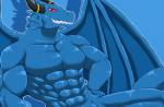 abs anthro athletic biceps big_muscles blue_body blue_skin fangs grin horn jewelry looking_at_viewer male membrane_(anatomy) membranous_wings muscular muscular_anthro muscular_male nude pecs pose red_eyes ring scales simple_background smile solo teeth wings ryuukikeito blue_dragon_(series) mythology blue_dragon_(character) dragon mythological_creature mythological_scalie reptile scalie 2013