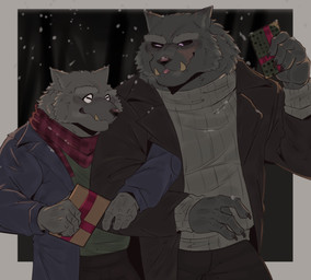 anthro black_sclera blep claws clothing duo fangs gift jacket male male/male scar scarf smile snow snowing sweater teeth tongue tongue_out topwear quetza elden_ring fromsoftware blaidd_(elden_ring) canid canine canis mammal wolf absurd_res hi_res