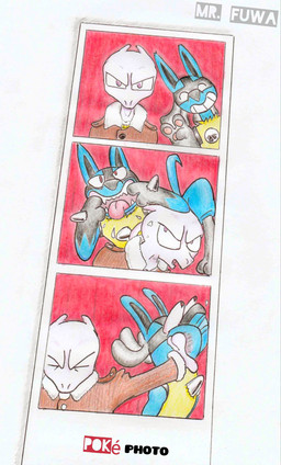3_fingers annoyed anthro big_eyes blue_body blue_fur bodily_fluids clothing coat duo eyes_closed fingers fur hitting humor male male/male photo pose purple_body purple_skin raised_tail red_background saliva simple_background smile spikes tail teeth text tongue tongue_out topwear yellow_body yellow_fur mr_fuwa nintendo pokemon generation_1_pokemon generation_4_pokemon humanoid legendary_pokemon lucario mewtwo pokemon_(species) absurd_res english_text hi_res