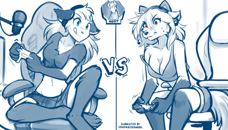 5_fingers anthro barefoot big_breasts biped blue_eyes blush blush_lines blush_through_hair bodily_fluids bottomwear breasts chair claws cleavage clothed clothed_anthro clothed_female clothing competition controller crop_top crossgender digitigrade duo electronics eyebrow_through_hair eyebrows feet female female_anthro finger_claws fingers front_view fully_clothed fully_clothed_anthro fully_clothed_female fur furniture game_controller hair hair_between_eyes holding_controller holding_game_controller holding_object hotpants humanoid_hands inside iris leaning leaning_forward long_hair microphone midriff mtf_crossgender navel off_shoulder on_chair pupils red_eyes shirt shorts sitting sitting_on_chair skirt smile snout spread_legs spreading sweat sweatdrop t-shirt tank_top teeth text toe_claws toes tongue tongue_out topwear translucent translucent_hair conditional_dnp tom_fischbach mythology twokinds clovis_(twokinds) lady_nora_(twokinds) mike_(twokinds) canid canine dragon fox keidran mammal mythological_creature mythological_scalie scalie 2026 7:4 digital_drawing_(artwork) digital_media_(artwork) english_text hi_res monochrome shaded sketch spot_color
