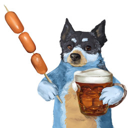 ambiguous_gender beer_mug black_body black_fur black_nose blue_body blue_eyebrows blue_fur brown_eyes eyebrows feral food fur holding_beer holding_beer_mug humor meat paws pointy_ears prick_ears sausage sausage_link semi-anthro simple_background solo tan_body tan_fur white_background atr111um bluey_(series) bandit_heeler australian_cattle_dog canid canine canis cattledog domestic_dog herding_dog mammal pastoral_dog 2022 digital_media_(artwork) digital_painting_(artwork) half-length_portrait painting_(artwork) portrait shaded