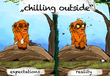 angry animal_genitalia balls blue_sky eyes_closed feral freckled_face freckles fully_sheathed fur genitals grin group lying male male_feral mane narrowed_eyes on_back on_front orange_body orange_fur orange_mane outside plant rock sheath sky smile tree kodaac arthropod bee felid fly_(animal) hymenopteran insect lion mammal murid murine pantherine rodent multiple_images