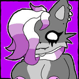 :3 abstract_background anthro barbell_piercing black_border black_nose border breasts cheek_tuft countershade_face countershade_fur countershade_torso countershading ear_piercing ear_ring eyelashes facial_tuft female fur fur_markings grey_body grey_fur grey_inner_ear grey_markings hair hair_over_eye highlights_(coloring) markings neck_tuft nipple_barbell nipple_piercing nipples no_pupils nude outline piercing purple_background purple_highlights ring_piercing simple_background small_nose solo tuft white_hair white_outline emo_eevee 1:1 digital_drawing_(artwork) digital_media_(artwork) flat_colors half-length_portrait low_res portrait