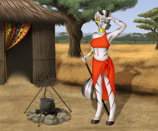 anthro anthrofied blue_eyes cauldron ear_piercing female fire gold_(metal) hut melee_weapon navel neck_ring piercing polearm solo spear stripes weapon fairdahlia mykegreywolf friendship_is_magic hasbro my_little_pony zecora_(mlp) equid equine mammal zebra 2015 absurd_res artist_collaboration hi_res