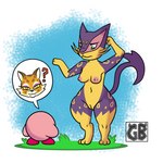 anthro areola breasts confusion countershading female fur genitals nipples pink_areola pink_body pink_fur pink_nipples purple_body purple_fur pussy scratching_head speech_bubble thick_thighs wide_hips yellow_body yellow_fur terryeternity kirby_(series) kirby_and_the_forgotten_land nintendo pokemon clawroline kirby generation_5_pokemon liepard pokemon_(species) 1:1 hi_res