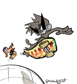 anthro duo ear_piercing ear_ring eyewear male perspective piercing ring_piercing simple_background skateboard stitch_(sewing) sunglasses vehicle mochaderg mocha_(mochaderg) canid canine felid mammal flat_colors hi_res