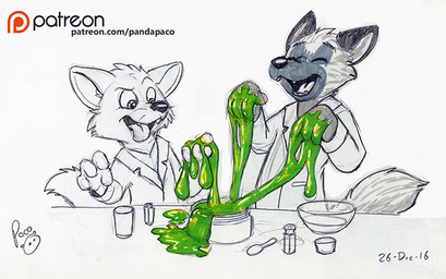 anthro bowl clothed clothing coat container cup cutlery duo eyes_closed fangs glistening glistening_eyes kitchen_utensils lab_coat logo male open_mouth patreon_logo simple_background slime spoon teeth text tongue tongue_out tools topwear young young_anthro young_male pandapaco patreon 2016 artist_logo dated partially_colored signature url