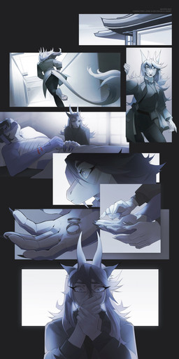 anthro bandage bandaged_chest blue_body blue_eyes bodily_fluids clothed clothing crying duo eyelashes female female_anthro grey_hair hair lying male male_anthro on_back ring running tail tail_tuft tears tuft white_body white_hair unknowhiter mythology dragon mythological_creature mythological_scalie scalie 2025 absurd_res comic hi_res