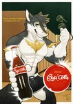 advertisement anthro beverage big_muscles black_body black_fur black_hair blonde_hair fur hair male muscular muscular_anthro muscular_male solo white_body yellow_body yellow_eyes yellow_fur tambangwoof coca-cola vortiganshine canid canine canis mammal wolf absurd_res hi_res