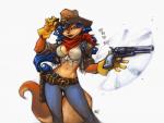 anthro badge belt birthmark blue_hair bottomwear breasts brown_eyes cleavage clothed clothing cowboy_hat denim denim_bottomwear denim_clothing eyebrows eyelashes female fur gloves gun gun_spinning hair handgun handwear hat headgear headwear holster jacket jeans kerchief lips long_hair looking_at_viewer markings multicolored_hair navel orange_body orange_fur pants ranged_weapon revolver shirt simple_background solo text tied_shirt topwear two_tone_hair weapon white_background wild_west joe_madureira sly_cooper_(series) sony_corporation sony_interactive_entertainment sucker_punch_productions carmelita_fox canid canine fox mammal