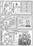 absurd_res anthro black_and_white canid canine clothed clothing comic electronics english_text eric_doyle fox gesture group hand_gesture hi_res hybrid kifyun2 male mammal mask military military_uniform monitor monochrome ocular_prosthetic pointing prosthetic scientist(undying_void) simple_background speech_bubble text uniform