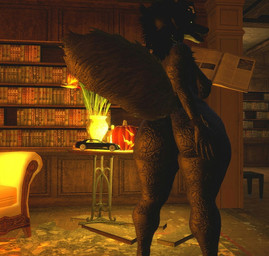 anthro anus big_butt black_body black_fur black_hair book bracelet butt female fluffy fluffy_tail fur hair hand_on_butt horn inside jewelry leather_bracelet library looking_back nipples nude presenting presenting_hindquarters reading reading_book solo standing tail white_eyes isazicfazbear scp_foundation scp-023 2020 3d_(artwork) digital_media_(artwork)