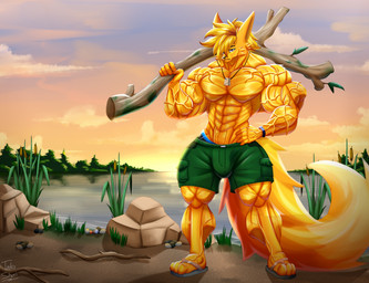 abs anthro backpack biceps big_muscles blonde_hair bottomwear bracelet branch bulge cargo_shorts cattail_(plant) clothed clothing cloud dog_tags feet flexing footwear forest forest_background fur hair holding_branch holding_object huge_muscles jewelry light long_tail looking_at_viewer male muscular muscular_anthro muscular_arms muscular_male nature nature_background necklace obliques outside pants partially_clothed pebble pecs plant purple_eyes rock sandals shoes shorts sky skyscape solo standing sunlight sunset tail tree underwear v-cut vein veiny_muscles visible_underwear water yellow_body yellow_fur taiko-sihori canid canine fennec_fox fox mammal true_fox hi_res