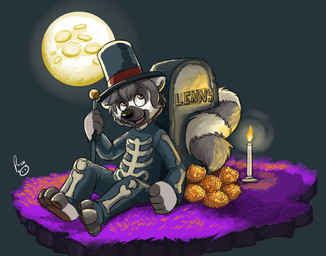 anthro barefoot black_nose clothed clothing feet fur glistening glistening_eyes grass grey_body grey_fur grey_hair hair hat headgear headwear logo looking_up male male_anthro markings moon open_mouth open_smile plant sitting skeleton_costume smile solo striped_markings striped_tail stripes tail tail_markings white_body white_fur yellow_eyes young young_anthro young_male pandapaco absurd_res artist_logo hi_res signature