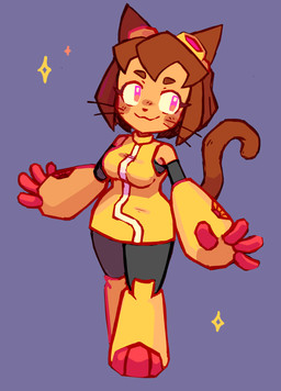 4_fingers anthro big_breasts breasts brown_hair clothing eyewear female fingers goggles hair smile solo thick_thighs alt-t4bby gameoverse glitch_productions kit_bodega domestic_cat felid feline felis mammal absurd_res hi_res