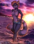 anthro big_breasts bikini bikini_bottom blush bottomwear breasts clothed clothing crystalberry female fur hair leilah_(bloodwolf) looking_at_viewer mammal nipples nude procyonid purple_body raccoon sea simple_background smile solo sunset swimwear tongue topless water wave