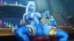 16:9 3d_(artwork) 4k absurd_res bar_scene blizzard_entertainment blue_body blue_eyes blue_skin breasts clothed clothing cocktail_glass container cup digital_media_(artwork) draenei drinking_glass female furniture glass glass_container glass_cup hair hi_res horn humanoid jewelry nipples noname55 partially_clothed pyrista sitting solo source_filmmaker_(artwork) stool tail warcraft white_hair widescreen