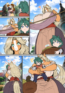 age_difference anthro basket big_breasts blue_eyes blush bottomwear breast_squish breasts brown_body brown_fur brown_hair cleavage clothed clothing cloud container day dress duo_focus female female_anthro fur furgonomic_bottomwear furgonomics grass green_eyes green_hair group hair hug huge_breasts larger_anthro larger_female long_hair male male_human mature_female motion_lines musical_note musical_symbol older_female outside plant red_clothing red_shirt red_topwear rope shirt size_difference sky smaller_female smaller_male squish standing symbol topwear tree amano_jack equid equine horse human mammal comic