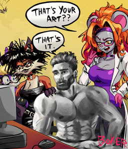 abs accessory alternative_fashion anthro bat_wings belt big_breasts black_bottomwear black_clothing black_eyeshadow black_hair black_pants black_shirt black_tank_top black_topwear blonde_hair blue_eyes bottomwear breasts cheek_tuft choker clothed clothed_anthro clothed_female clothing coat computer computer_monitor computer_mouse dialogue dress ear_piercing electronics eyeshadow facial_tuft female female_anthro fully_clothed fully_clothed_anthro fully_clothed_female fur gloves goth grey_body grey_fur group hair hair_intakes hand_on_another's_belly handwear head_wings headband incredulous industrial_piercing industrial_piercing_ladder inside jewelry lab_coat lips long_hair looking_at_computer looking_at_object makeup male male_human membrane_(anatomy) membranous_wings muscular muscular_human muscular_male necklace open_mouth orange_body orange_eyes orange_fur orange_hair overalls pants piercing pink_clothing pink_gloves pink_handwear purple_body purple_clothing purple_dress purple_fur purple_headband purple_lips red_eyes self_insert sharp_teeth shirt simple_background sitting_at_desk smile speech_bubble spider_web tank_top teeth text topless topless_human topless_male topwear tuft unusual_wing_placement white_body white_fur wings yellow_background boker chad_(meme) gigachad laura_derose mary_(boker) vacanti_(boker) arachnid arthropod bat-eared_fox canid canine fox human lagomorph leporid mammal murid murine rabbit rat red_fox rodent spider true_fox artist_name digital_media_(artwork) english_text handwritten_text meme signature