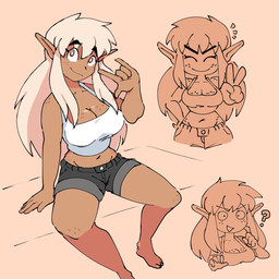 5_fingers ^_^ bangs big_breasts black_eyebrows bottomwear breasts brown_body brown_ears brown_skin cartoon_freckles cleavage clothed clothing confusion crop_top crotch_lines devil_horns_(gesture) eyebrows eyelashes eyes_closed female female_humanoid fingers freckled_breasts freckled_face freckled_hips freckled_legs freckled_shoulders freckles gesture grey_bottomwear grey_clothing grey_shorts hair hand_gesture hand_on_hip hand_on_own_hip humanoid_pointy_ears long_eyelashes long_hair looking_at_viewer navel not_furry open_mouth pointy_ears question_mark scratching_chin shirt shorts sitting smile solo tan_hair topwear v_sign white_clothing white_crop_top white_topwear genocityzone autumn_(genocityzone) elf humanoid 1:1 2023 digital_media_(artwork) hi_res