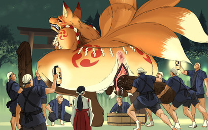 anthro anus being_watched bodily_fluids ceremony crouching digitigrade dildo excessive_genital_fluids excessive_vaginal_fluids facial_markings female festival genital_fluids genitals group head_markings kemono lamp lantern larger_anthro larger_female looking_at_another looking_back looking_pleasured macro male male/female markings masturbation multi_tail night penetration pussy_juice_collecting quadruple_tomoe saliva sex sex_toy shaking shrine_maiden size_difference smaller_female smaller_human smaller_male symbol symbol_on_thigh tail tomoe_(symbol) toying_partner vaginal vaginal_fluids vaginal_fluids_in_container vaginal_masturbation vein vulva wood aoino_broome conditional_dnp asian_mythology east_asian_mythology mythology canid canine fox fox_spirit human mammal 16:10 digital_media_(artwork) widescreen