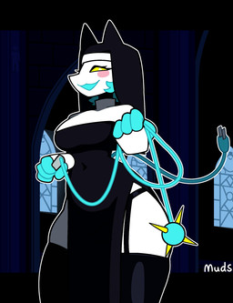 4_fingers anthro big_breasts black_clothing black_dress black_legwear black_stockings blue_hair bouncing_breasts breasts clothing curvy_figure dress female fingers flail floating_hands hair holding_object holding_weapon hourglass_figure legwear melee_weapon nun_habit pink_cheeks religious_clothing slit_dress smile solo sound_effects stockings thick_thighs tight_clothing weapon white_clothing white_dress wide_hips muds tauxfox_(sfx) deltarune meccha_chameleon undertale_(series) tasque_manager tasque_manager_(nun) 2d_animation absurd_res animated hi_res short_playtime sound video voice_acted
