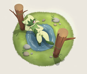 anthro female fur grass green_body green_fur leaf log lying on_back one_eye_closed plant pond red_eyes solo wood kjh_22 nintendo pokemon felid feline floragato generation_9_pokemon mammal pokemon_(species) absurd_res hi_res