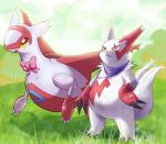 ambiguous_gender duo grass kerchief neck_bow neckerchief neckwear outside plant purple_kerchief purple_neckerchief scarf yellow_eyes ecru_(artist) nintendo pokemon generation_3_pokemon latias legendary_pokemon pokemon_(species) zangoose