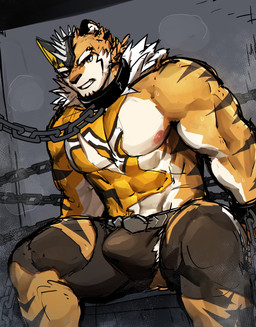 abs anthro bdsm bulge captured chain clothed clothing erection erection_under_clothing kemono male muscular muscular_anthro muscular_male nipples pecs solo superhero torn_clothing ssu_open lifewonders live_a_hero ryekie_(live_a_hero) felid mammal pantherine tiger absurd_res hi_res