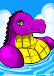 anthro bath belly cloud green_eyes grin looking_at_viewer looking_pleasured male purple_body sky smile solo water yellow_belly octariax alligator alligatorid crocodilian reptile scalie hi_res