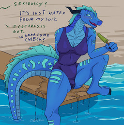 anthro anthrofied biped blue_body blue_eyes blue_scales blush bodily_fluids breasts camel_toe claws clear_urine clothing female finger_claws genital_fluids horn multicolored_body offscreen_character one-piece_swimsuit pupils scales sitting slit_pupils snout solo swimming_pool swimwear tail tail_in_water text toe_claws two_tone_body urine urine_pool water watersports wetting valrionwrites mythology wings_of_fire tsunami_(wof) dragon mythological_creature mythological_scalie scalie seawing_(wof) 2026 digital_media_(artwork) english_text hi_res