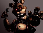 anthro big_bow_tie black_eyebrows black_nose bow_tie brown_background brown_body clothed clothing electronics eyebrows fangame freckles glowing glowing_eyes hat headgear headwear looking_at_viewer machine male microphone multicolored_body open_mouth pawpads paws raised_arm red_eyes round_ears simple_background smile solo standing tan_body teeth top_hat topwear vest not-cucumber fazbear_fanverse five_nights_at_freddy's five_nights_at_freddy's_plus scottgames freddy_(fnaf) freddy_(fnafplus) animatronic bear mammal robot 2020 hi_res