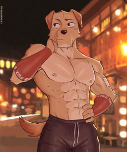 abs anthro arm_tuft armwear athletic bandage biceps blurred_background bottomwear building clothed clothing detailed_background facial_tuft floppy_ears fur hair light lights looking_aside male muscular muscular_anthro muscular_male nipples outside pecs serratus shorts solo tail tan_body tan_fur tan_hair topless tuft username vein choulmake canid canine canis domestic_dog mammal 2023 5:6 detailed hi_res lighting watermark