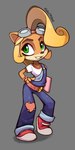 anthro belt blonde_hair clothing eyewear eyewear_on_head female fingers footwear goggles goggles_on_head hair long_hair overalls shirt simple_background smile solo teeth topwear kaitou activision crash_bandicoot_(series) coco_bandicoot mammal marsupial 2020 signature