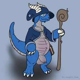 3_fingers 3_toes anthro balls belly blue_body blue_eyes blue_scales book claws digitigrade eyewear feet fingers flaccid foreskin furgonomic_headwear furgonomics genitals glasses horn horns_through_hat humanoid_genitalia humanoid_penis magic_user male navel nerd patch_(fabric) patched_clothing penis scales shortstack slightly_chubby staff tail toes ventral_scales white_claws white_horn naughty_ram kobold scalie 1:1 character_request hi_res