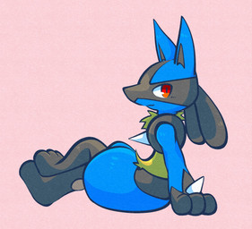 3_fingers 3_toes ambiguous_gender anthro black_inner_ear black_legs blue_body blue_ears blue_fur blue_thighs blush blush_lines chest_spike closed_smile crossed_legs digitigrade facial_markings fangs feet fingers fur gloves_(marking) hand_spike head_markings looking_at_viewer markings mask_(marking) mouth_closed pink_background pointy_ears red_eyes side_view simple_background sitting smile snout solo spikes spikes_(anatomy) tail tan_body tan_fur teeth toes white_sclera momensarada nintendo pokemon generation_4_pokemon lucario pokemon_(species) 2023 full-length_portrait hi_res portrait