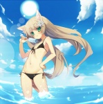 :< accessory adolescent bikini blonde_hair blush breasts clothed clothing cloud detailed_background female flower flower_in_hair food front-tie_bikini front-tie_clothing front-tie_swimwear green_eyes hair hair_accessory legs_in_water lens_flare long_hair navel outside partially_submerged plant popsicle pubic_mound sea sea_salt_ice_cream seascape side-tie_bikini side-tie_clothing side-tie_swimwear skimpy sky small_breasts solo string_bikini submerged_legs sun swimwear triangle_bikini two-piece_swimsuit water young nekomu animal_humanoid cat_humanoid felid felid_humanoid feline feline_humanoid humanoid mammal mammal_humanoid