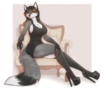 anthro big_breasts black_clothing black_dress black_hair breasts chair clothed clothing dipstick_tail dress female footwear fully_clothed fur furniture gloves_(marking) grey_body grey_fur hair high_heels highlights_(coloring) markings minidress platform_footwear platform_heels shoes sitting solo tail tail_markings white_body white_fur yshanii canid canine fox mammal 2022 digital_media_(artwork) hi_res