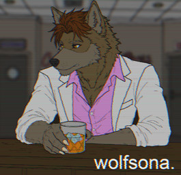 1980s_theme 80s_clothing alcohol anthro bar beverage brown_hair claws clothing container cup dark_room drinking_glass fur furniture glass glass_container glass_cup hair liquor male multicolored_body multicolored_fur pink_clothing pink_shirt pink_topwear scanlines shirt shot_glass solo table topwear two_tone_body two_tone_fur vhs_filter whiskey white_suit_jacket yellow_eyes canid canine canis mammal wolf hi_res