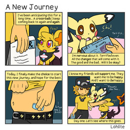 4_panel_comic ambiguous_gender baseball_cap belt biped black_markings blue_nose blush box brown_eyes brown_markings climbing clothed clothed_feral clothing clothing_lift container estrogen eyes_closed feral front_view fur group hand_on_face hat headgear headpat headwear holding_box holding_container holding_object hormone_replacement_therapy kerchief lgbt_pride looking_at_another markings navel nonbinary_pride_colors open_mouth orange_eyes orange_markings pokemon_speak pride_color_accessory pride_colors pupils purple_pupils quadruped shirt shirt_lift side_view smile star_eyes t-shirt tail text title topwear transgender_pride_colors trio white_markings yellow_body yellow_fur lohlite nintendo pokemon pride_month_2025 lithium_(lohlite) logan_(lohlite) nitelite_(lohlite) generation_1_pokemon generation_4_pokemon human mammal pikachu pokemon_(species) shinx 1:1 2025 artist_name colored comic english_text hi_res trans_(lore)